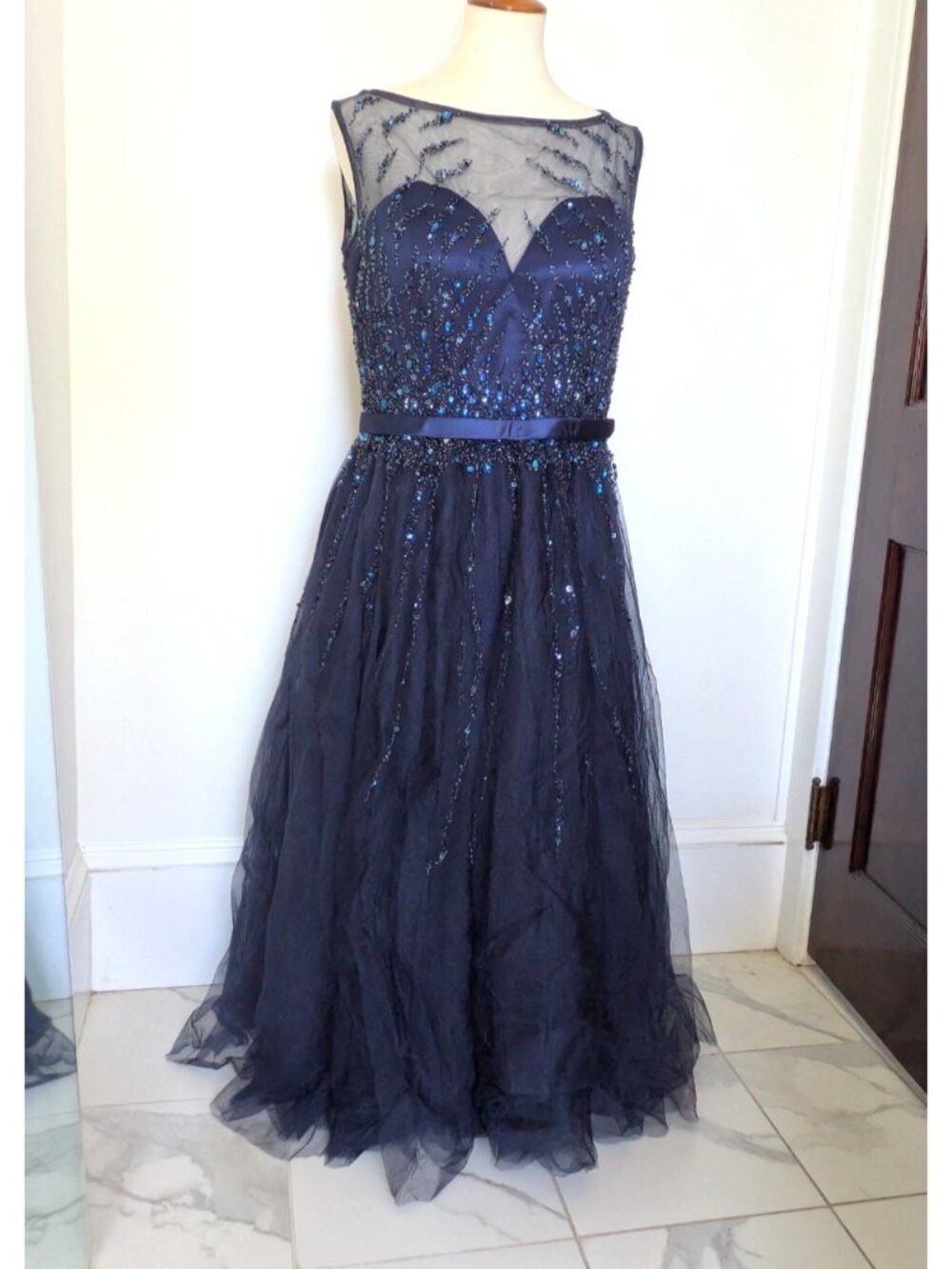 Elegant Navy Beaded Prom Dress with Illusion Neckline